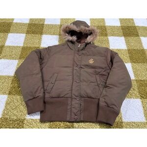 Rocawear Brown Puffer Jacket Faux Fur Hood Fleece Lined Embroidered Y2K Womens